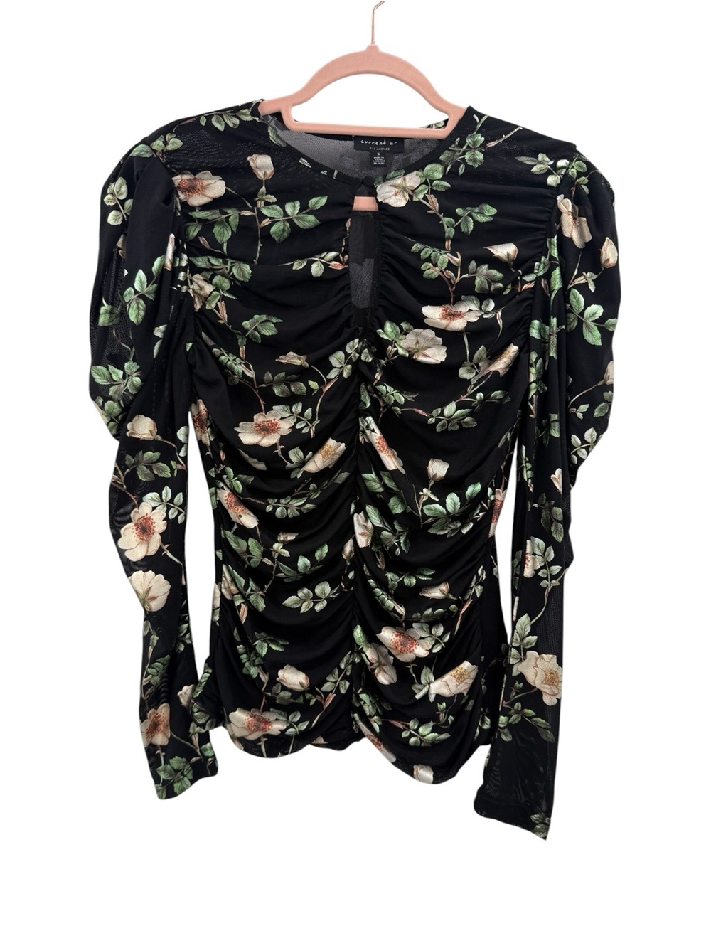 Black Floral Ruched Mesh Top Keyhole Puff Sleeve Romantic Cottagecore Feminine - Picture 8 of 15